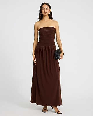 strapless drop waist maxi dress by Jewel x Badgley Mischka Sleek satin jacquard shapes this strapless dress that features princess Hutch Strapless Drop-Waist Maxi Dress