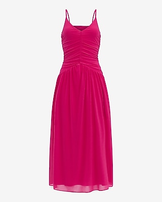 V-Neck Ruched Drop Waist Knit Maxi Dress with Pockets