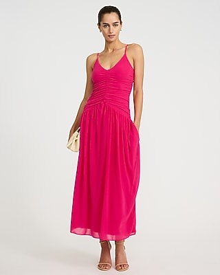 V-Neck Ruched Drop Waist Knit Maxi Dress with Pockets