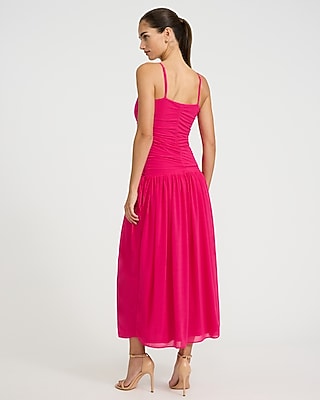 V-Neck Ruched Drop Waist Knit Maxi Dress with Pockets