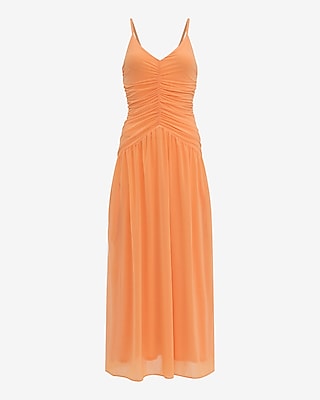 V-Neck Ruched Drop Waist Knit Maxi Dress with Pockets
