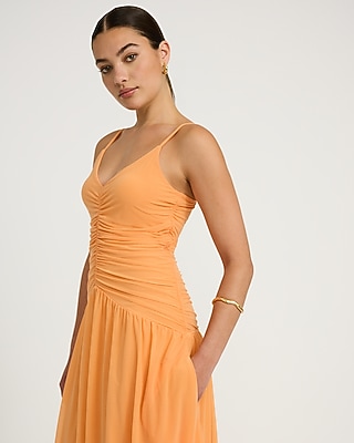V-Neck Ruched Drop Waist Knit Maxi Dress with Pockets