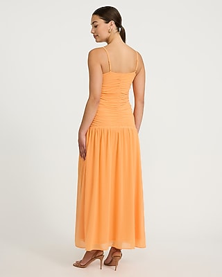 V-Neck Ruched Drop Waist Knit Maxi Dress with Pockets