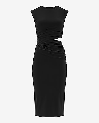 Crew Neck Cap Sleeve Ruched Cutout Midi Sheath Dress