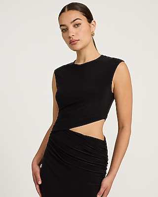 Crew Neck Cap Sleeve Ruched Cutout Midi Sheath Dress