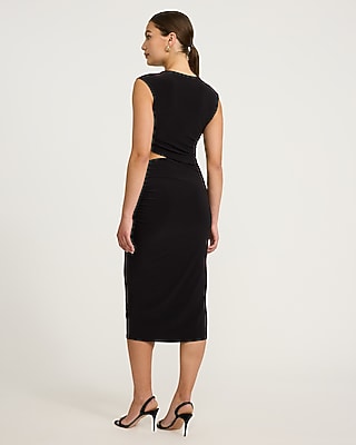 Crew Neck Cap Sleeve Ruched Cutout Midi Sheath Dress
