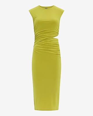 Crew Neck Cap Sleeve Ruched Cutout Midi Sheath Dress