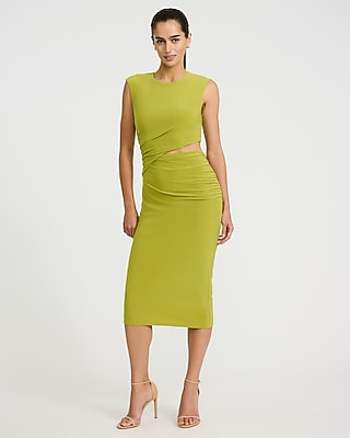 Crew Neck Cap Sleeve Ruched Cutout Midi Sheath Dress
