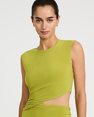 Crew Neck Cap Sleeve Ruched Cutout Midi Sheath Dress