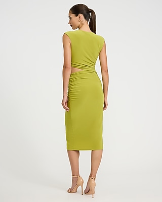 Crew Neck Cap Sleeve Ruched Cutout Midi Sheath Dress