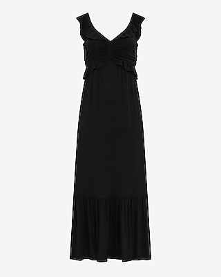V-Neck Ruched Ruffle Waist Sleeveless Tiered Maxi Dress