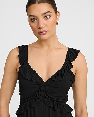 V-Neck Ruched Ruffle Waist Sleeveless Tiered Maxi Dress