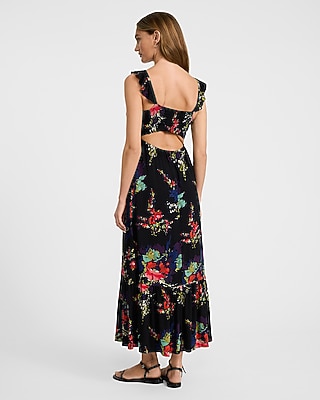 Floral V-Neck Ruched Ruffle Waist Sleeveless Tiered Maxi Dress