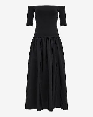 Off The Shoulder Mixed Media Drop Waist Maxi Dress with Pockets