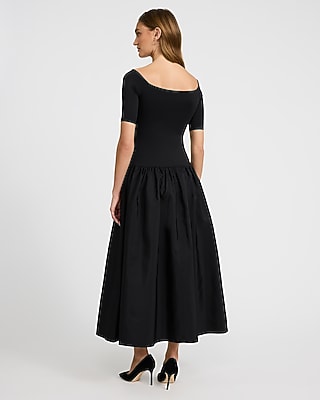 Off The Shoulder Mixed Media Drop Waist Maxi Dress with Pockets