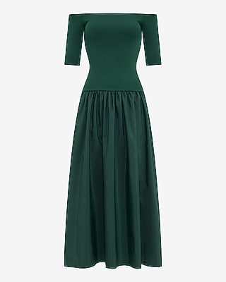 Off The Shoulder Mixed Media Drop Waist Maxi Dress with Pockets