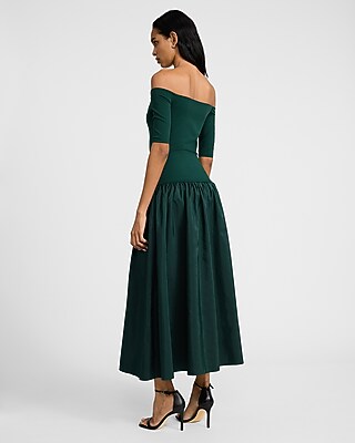 Off The Shoulder Mixed Media Drop Waist Maxi Dress with Pockets
