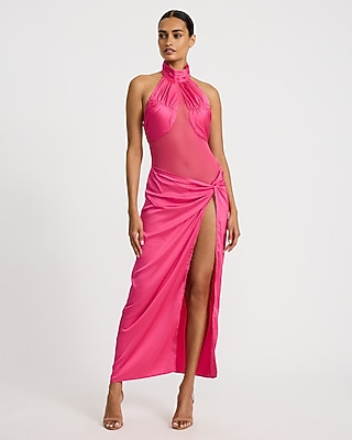 Mixed Media Halter Twist Drop Waist Maxi Dress