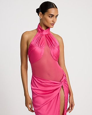 Mixed Media Halter Twist Drop Waist Maxi Dress