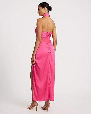 Mixed Media Halter Twist Drop Waist Maxi Dress