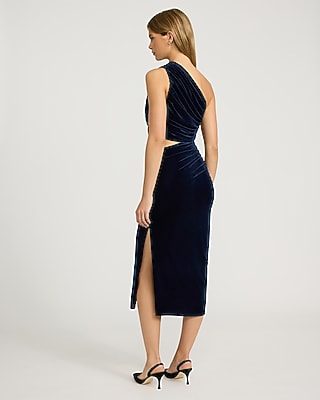 Velvet One Shoulder Asymmetrical Cutout Midi Dress