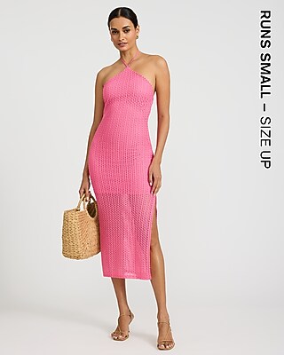 Open Stitch Knit Crochet Halter Neck Midi Sheath Dress in Ivory - image 4