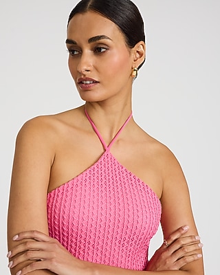 Open Stitch Knit Crochet Halter Neck Midi Sheath Dress in Ivory - image 5