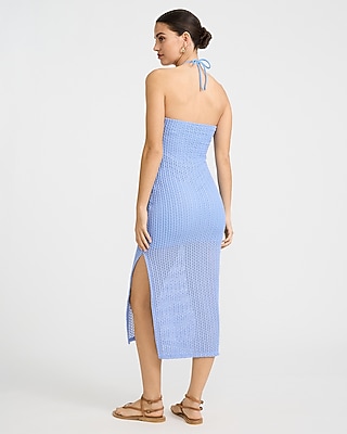 Open Stitch Knit Crochet Halter Neck Midi Sheath Dress in Ivory - image 3
