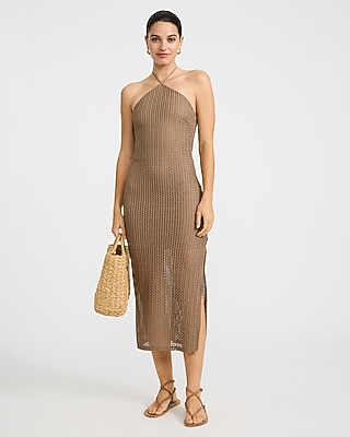 Open Stitch Knit Crochet Halter Neck Midi Sheath Dress