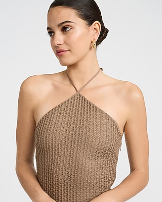 Open Stitch Knit Crochet Halter Neck Midi Sheath Dress