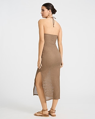 Open Stitch Knit Crochet Halter Neck Midi Sheath Dress