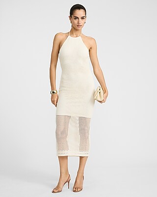 Open Stitch Knit Crochet Halter Neck Midi Sheath Dress - thumbnail 7