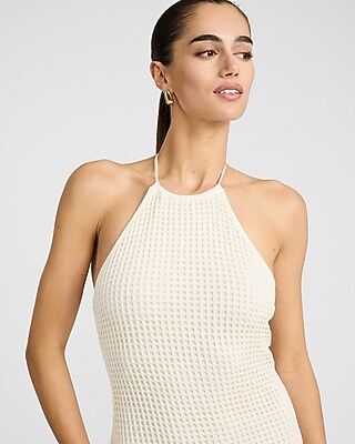 Open Stitch Knit Crochet Halter Neck Midi Sheath Dress - thumbnail 8