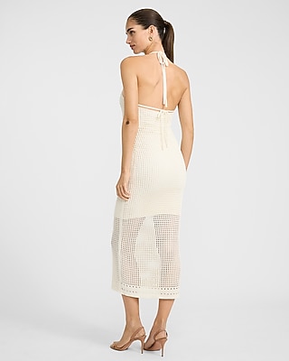 Open Stitch Knit Crochet Halter Neck Midi Sheath Dress - thumbnail 9