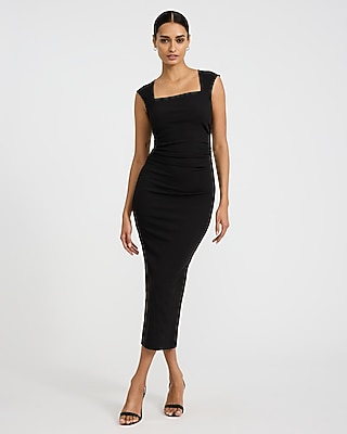 Ribbed Knit Cap Sleeve Ruched Midi Sheath Dress | Express