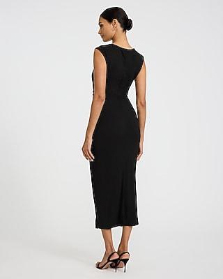 Ribbed Knit Cap Sleeve Ruched Midi Sheath Dress