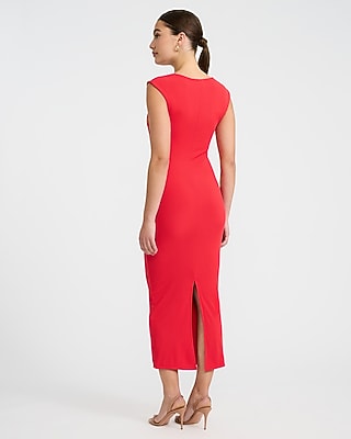 Ribbed Knit Cap Sleeve Ruched Midi Sheath Dress | Express