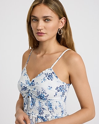 Floral V-Neck Tie Front Smocked Ruffle Midi Dress