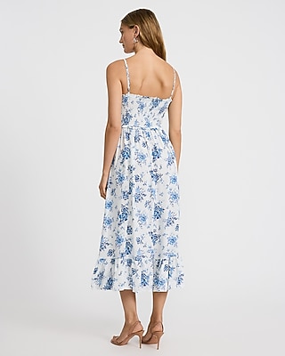 Floral V-Neck Tie Front Smocked Ruffle Midi Dress