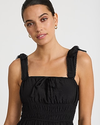 Eyelet Smocked Square Neck Tie Strap Tiered Midi Dress - thumbnail 5