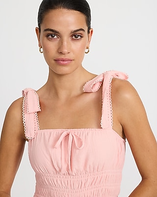 Eyelet Smocked Square Neck Tie Strap Tiered Midi Dress