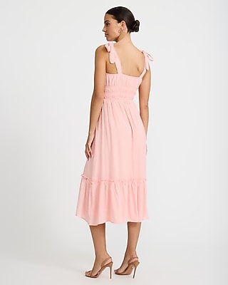 Eyelet Smocked Square Neck Tie Strap Tiered Midi Dress