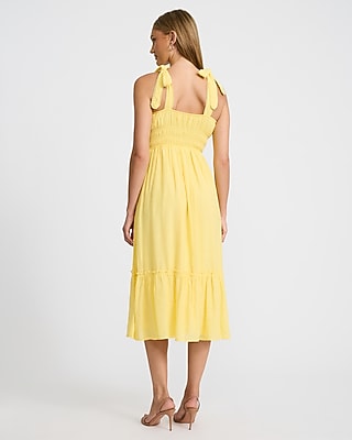 Eyelet Smocked Square Neck Tie Strap Tiered Midi Dress