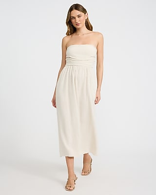 Summer-blend Linen Strapless Ruched Smocked Back Midi Dress With Pockets |  Express