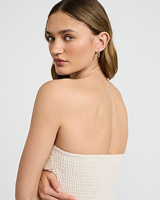 Summer-Blend Linen Strapless Ruched Smocked Back Midi Dress with Pockets