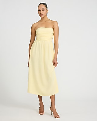 Summer-blend Linen Strapless Ruched Smocked Back Midi Dress With Pockets |  Express