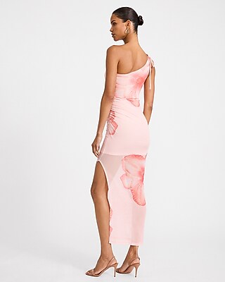 Floral Mesh One Shoulder Tie Strap High-low Midi Dress | Express