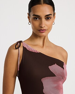 Floral Mesh One Shoulder Tie Strap High-Low Midi Dress