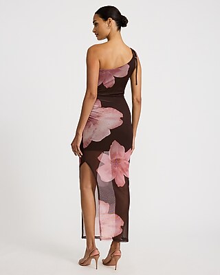 Floral Mesh One Shoulder Tie Strap High-Low Midi Dress