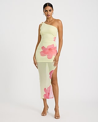 Floral Mesh One Shoulder Tie Strap High-Low Midi Dress